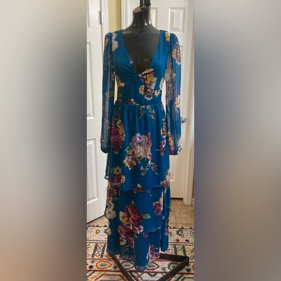 NWT Fourteenth Place Balboa Tiered Floral Print Long Sleeve Chiffon Maxi Dress - Picture 3 of 14